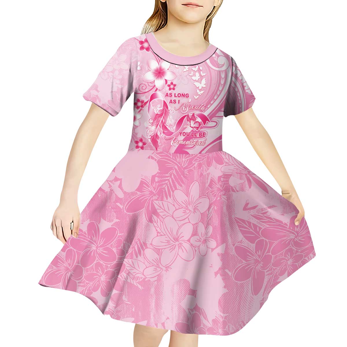 Personalised Memorial Pink Breast Cancer Awareness Kid Short Sleeve Dress Plumeria Floral Tribal Pattern - Polynesian Pride