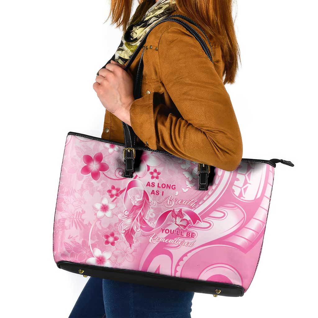 Memorial Pink Breast Cancer Awareness Leather Tote Bag Plumeria Floral Tribal Pattern - Polynesian Pride