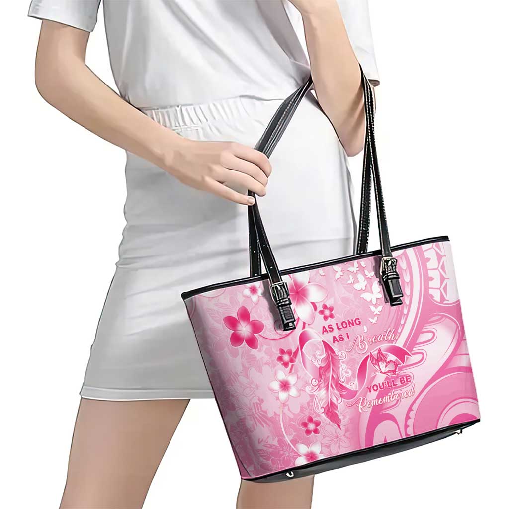 Memorial Pink Breast Cancer Awareness Leather Tote Bag Plumeria Floral Tribal Pattern LT05 - Polynesian Pride