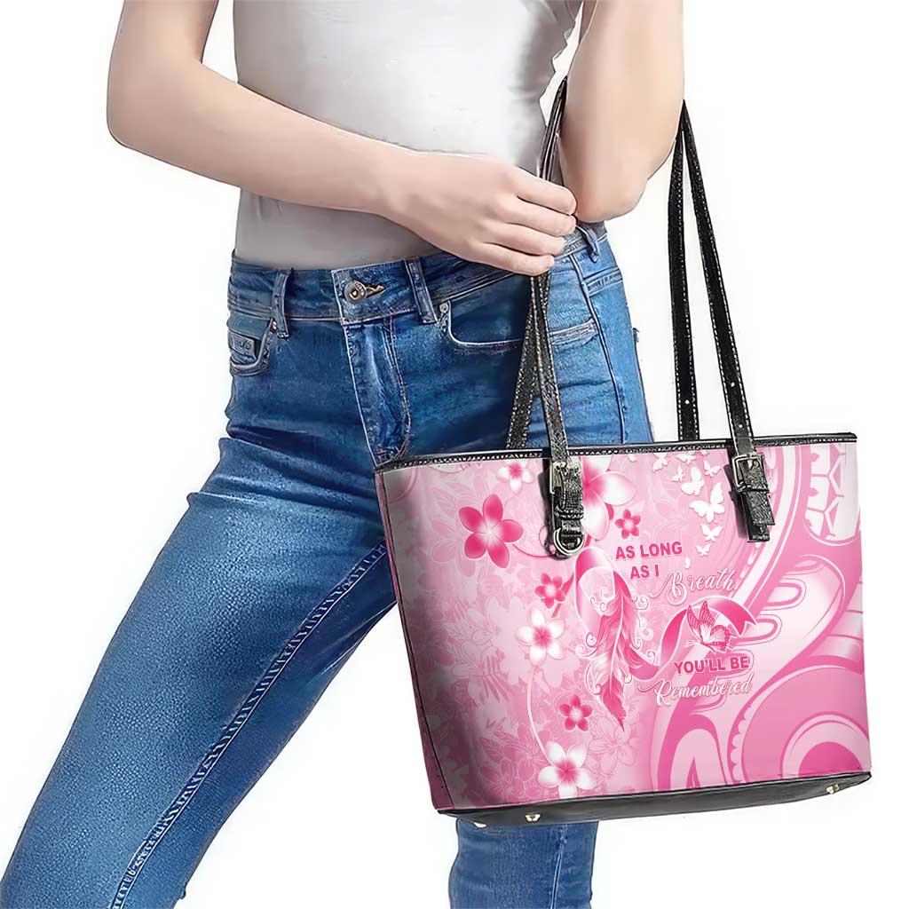 Memorial Pink Breast Cancer Awareness Leather Tote Bag Plumeria Floral Tribal Pattern LT05 - Polynesian Pride