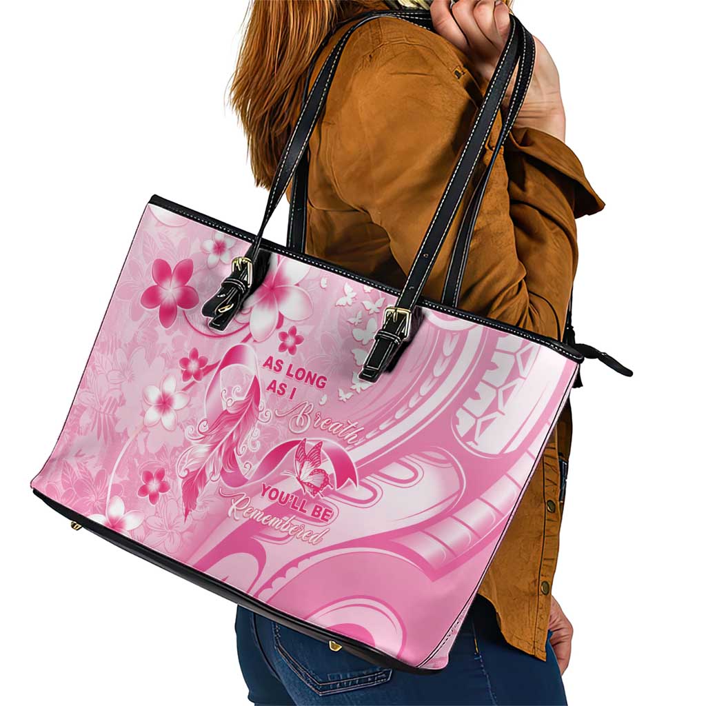 Memorial Pink Breast Cancer Awareness Leather Tote Bag Plumeria Floral Tribal Pattern LT05 - Polynesian Pride