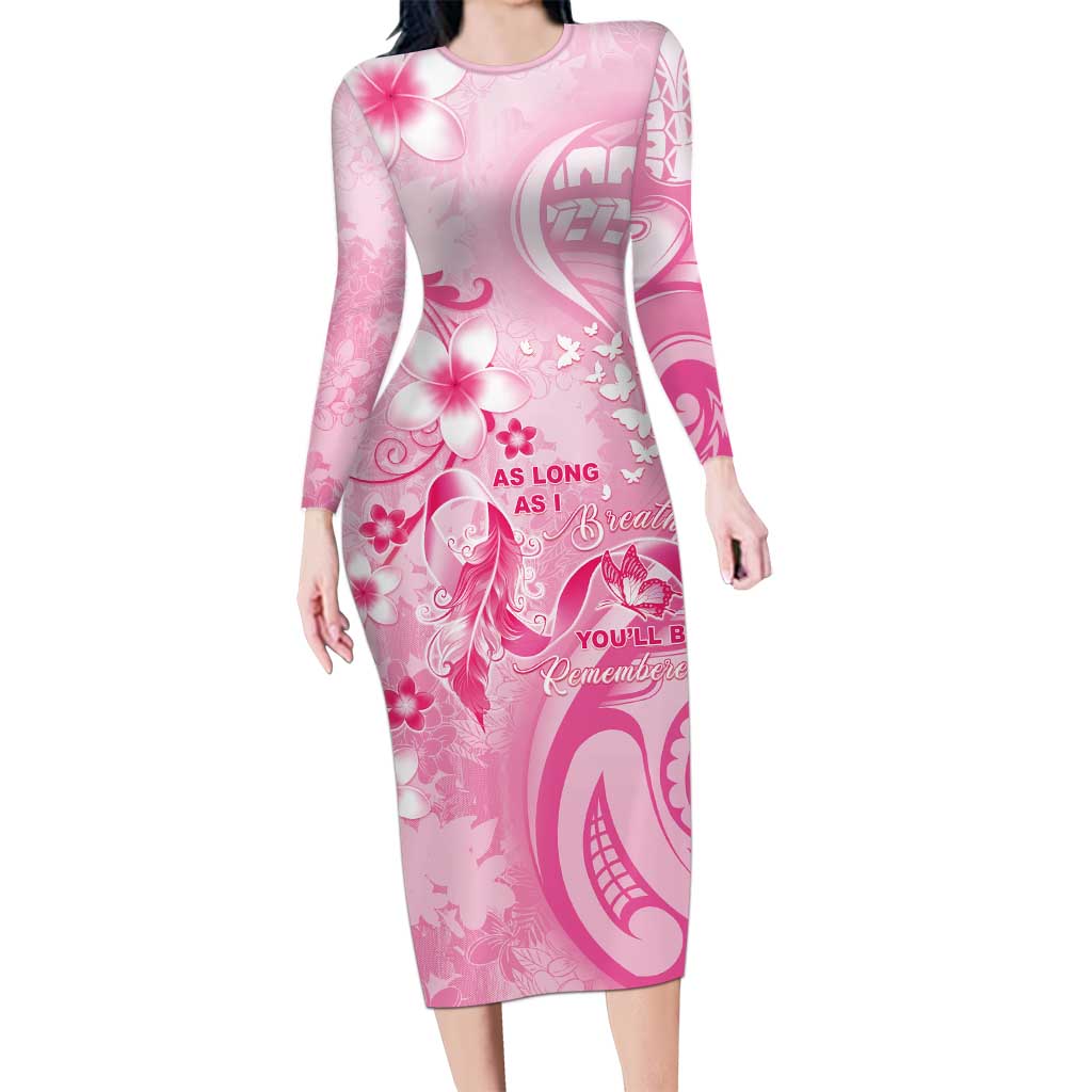 Personalised Memorial Pink Breast Cancer Awareness Long Sleeve Bodycon Dress Plumeria Floral Tribal Pattern - Polynesian Pride