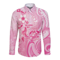 Personalised Memorial Pink Breast Cancer Awareness Long Sleeve Button Shirt Plumeria Floral Tribal Pattern - Polynesian Pride