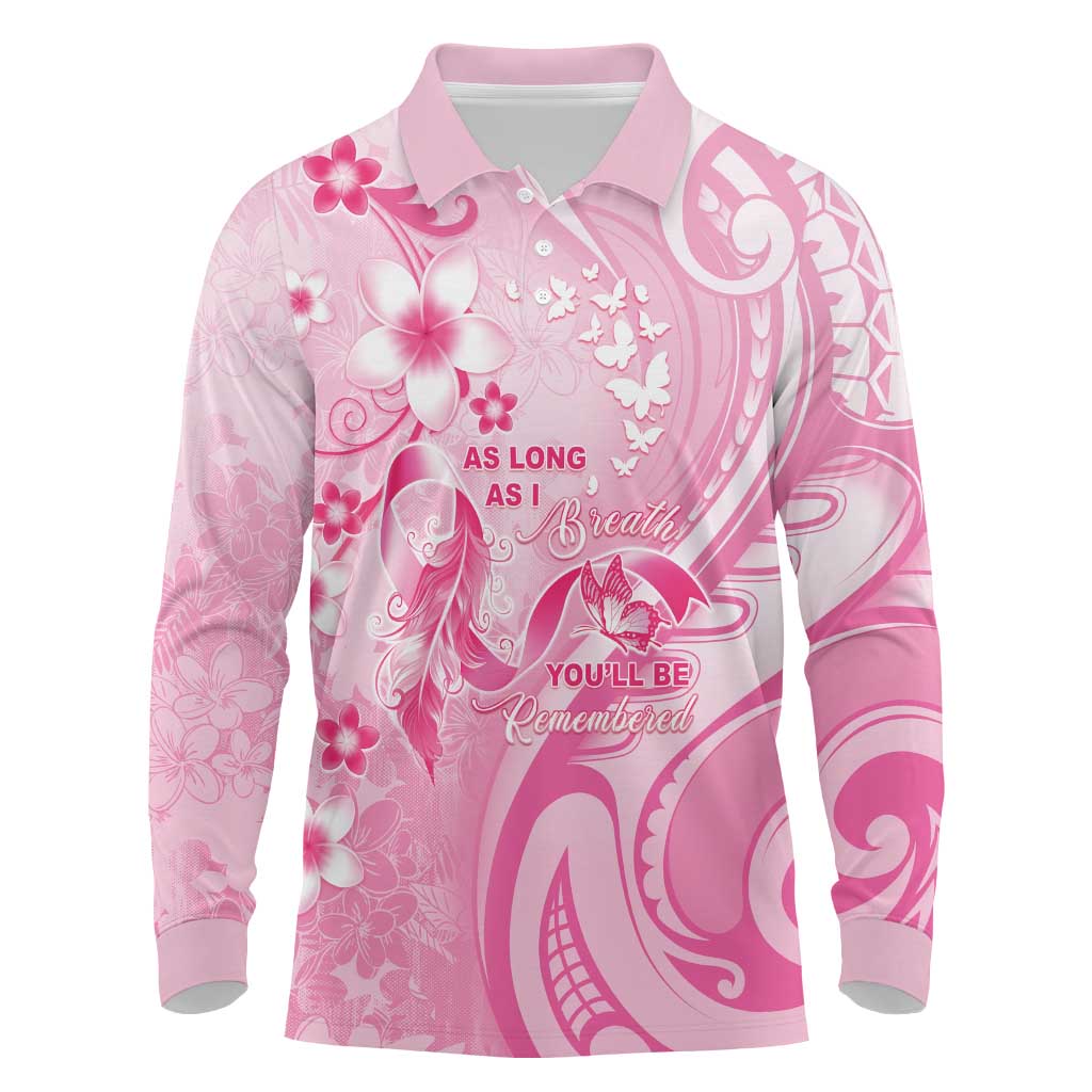 Personalised Memorial Pink Breast Cancer Awareness Long Sleeve Polo Shirt Plumeria Floral Tribal Pattern - Polynesian Pride