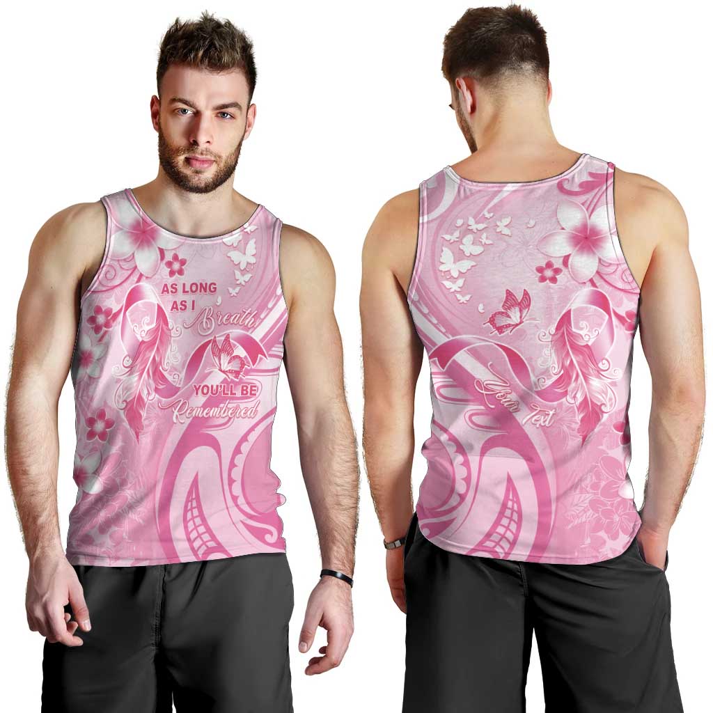 Personalised Memorial Pink Breast Cancer Awareness Men Tank Top Plumeria Floral Tribal Pattern - Polynesian Pride