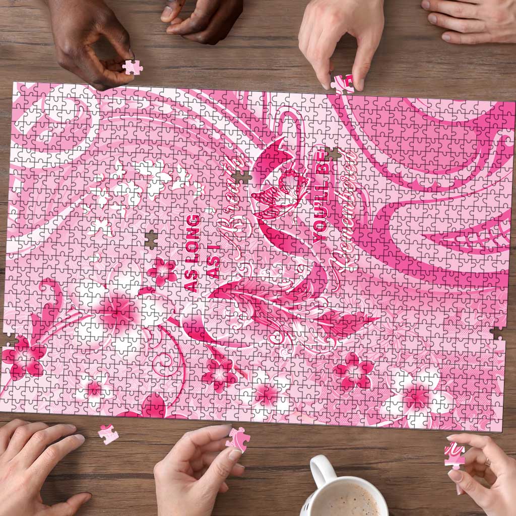 Memorial Pink Breast Cancer Awareness Puzzle Plumeria Floral Tribal Pattern - Polynesian Pride
