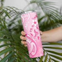 Personalised Memorial Pink Breast Cancer Awareness Skinny Tumbler Plumeria Floral Tribal Pattern - Polynesian Pride