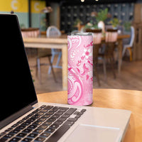 Personalised Memorial Pink Breast Cancer Awareness Skinny Tumbler Plumeria Floral Tribal Pattern - Polynesian Pride