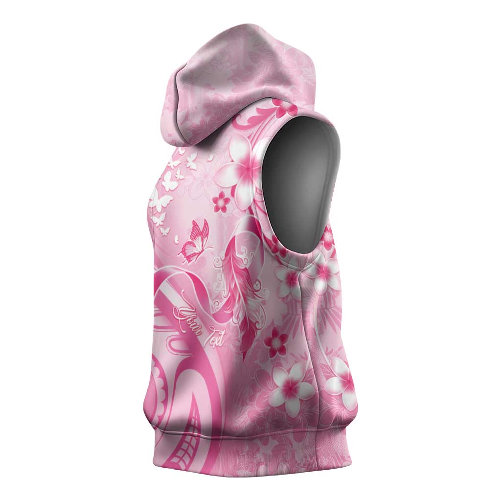 Personalised Memorial Pink Breast Cancer Awareness Sleeveless Hoodie Plumeria Floral Tribal Pattern - Polynesian Pride