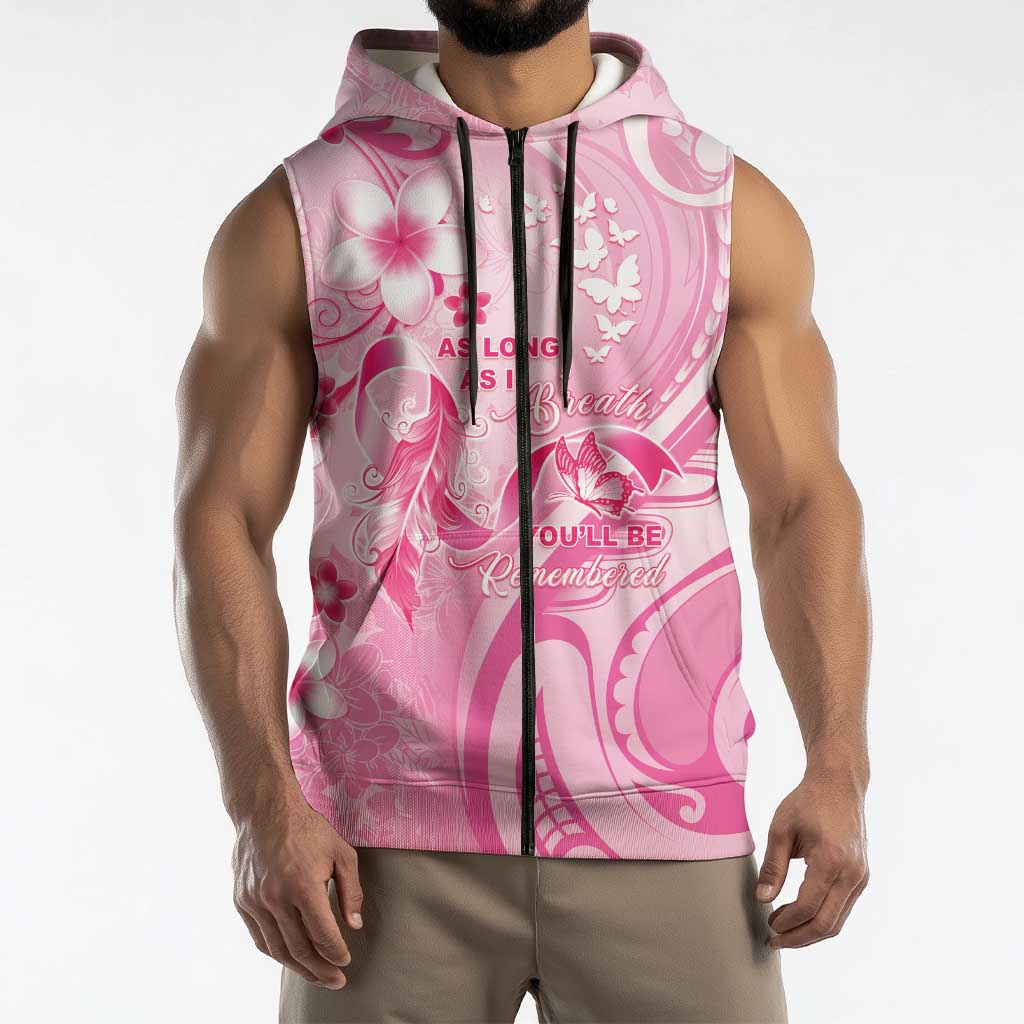 Personalised Memorial Pink Breast Cancer Awareness Sleeveless Zip Hoodie Plumeria Floral Tribal Pattern - Polynesian Pride