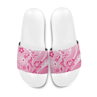 Memorial Pink Breast Cancer Awareness Slide Sandals Plumeria Floral Tribal Pattern - Polynesian Pride