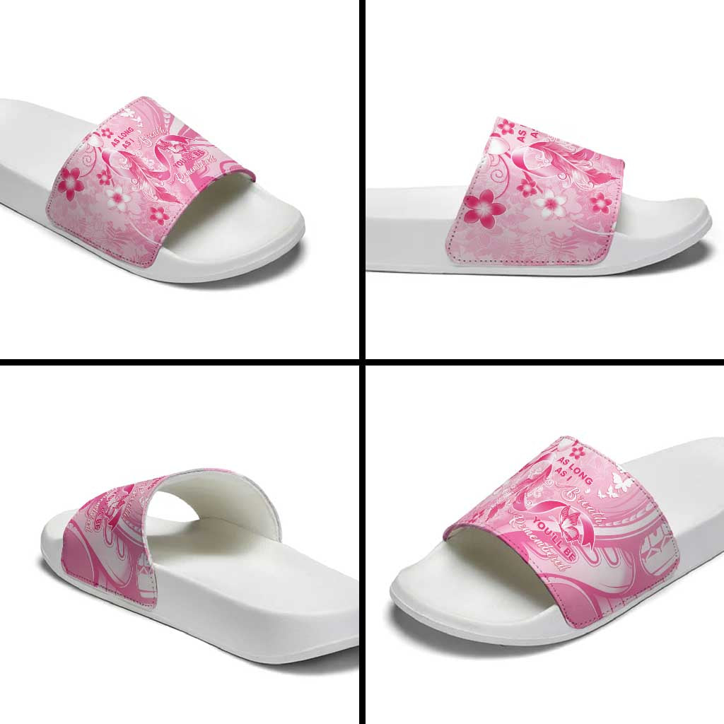 Memorial Pink Breast Cancer Awareness Slide Sandals Plumeria Floral Tribal Pattern - Polynesian Pride