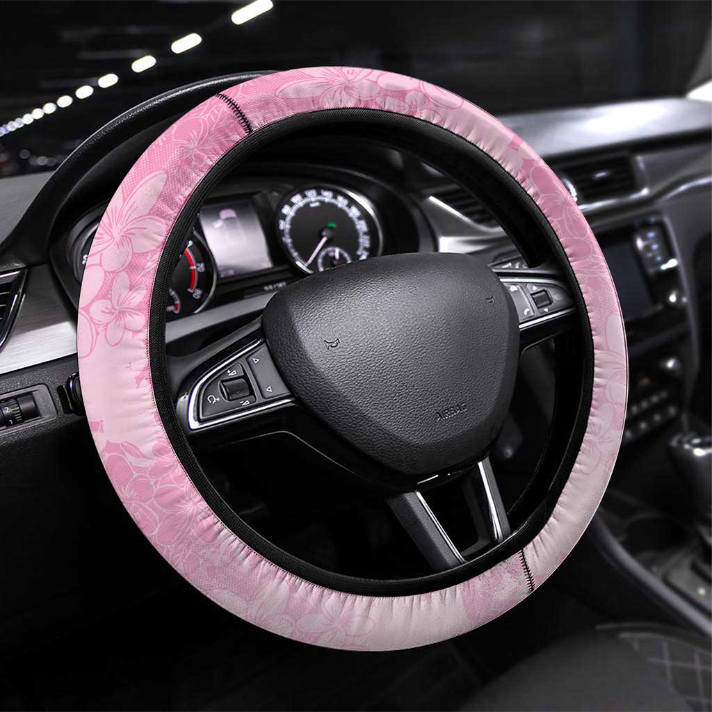 Memorial Pink Breast Cancer Awareness Steering Wheel Cover Plumeria Floral Tribal Pattern - Polynesian Pride