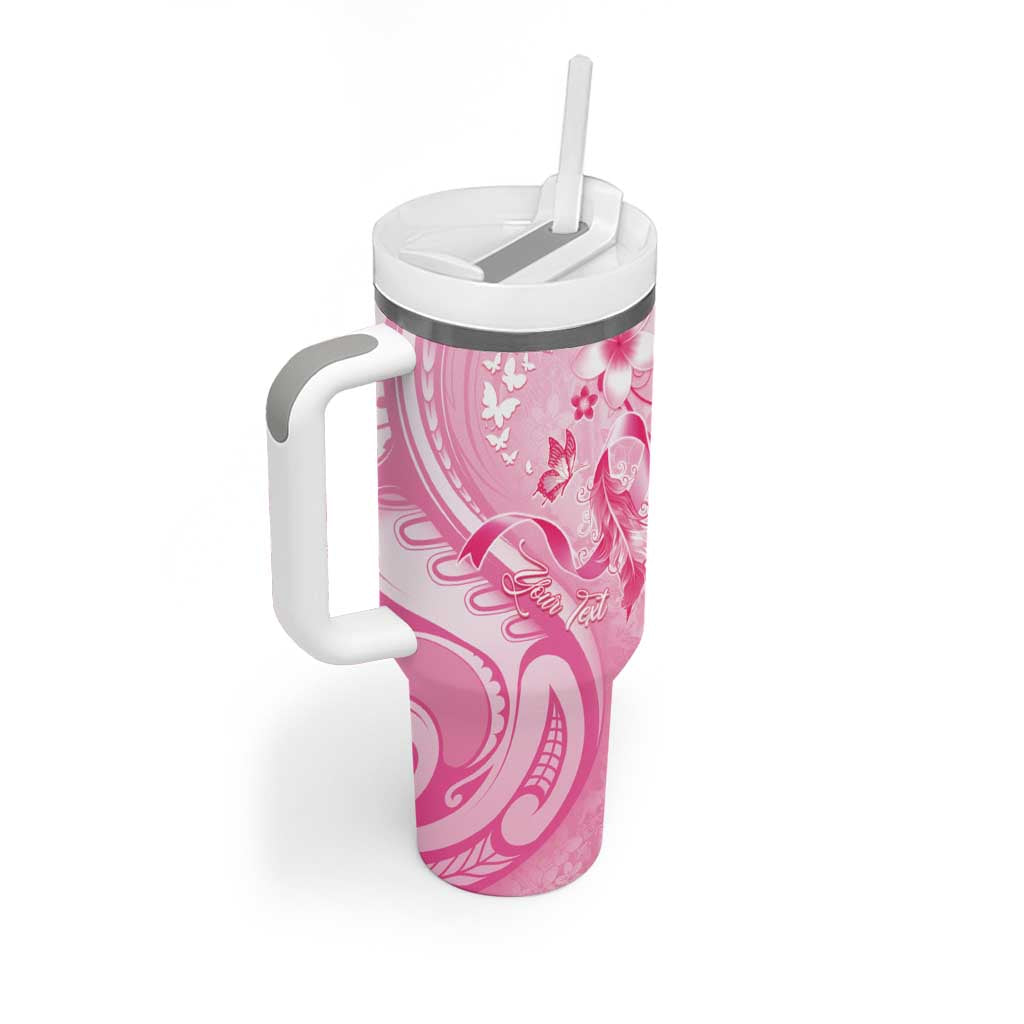 Personalised Memorial Pink Breast Cancer Awareness Tumbler With Handle Plumeria Floral Tribal Pattern - Polynesian Pride