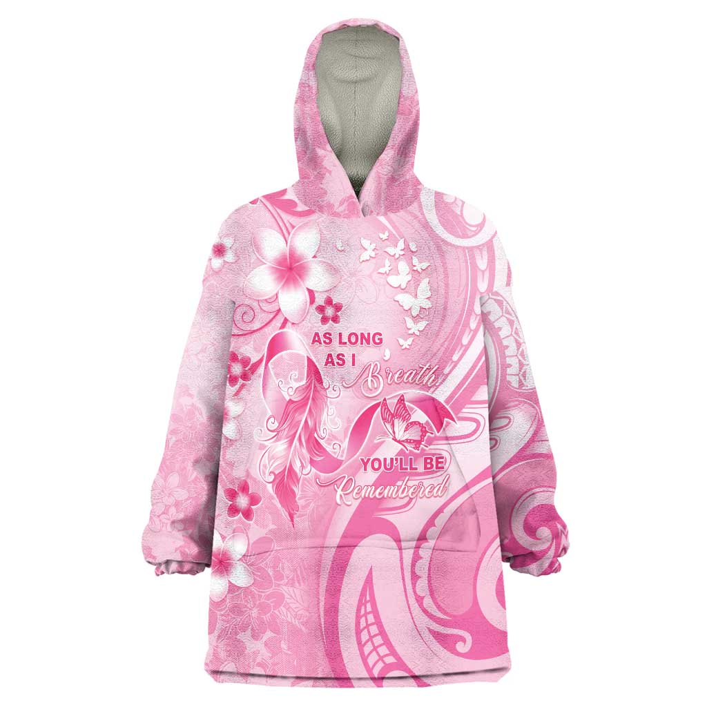 Personalised Memorial Pink Breast Cancer Awareness Wearable Blanket Hoodie Plumeria Floral Tribal Pattern - Polynesian Pride