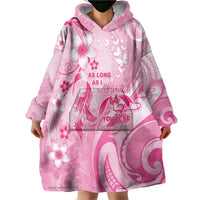 Personalised Memorial Pink Breast Cancer Awareness Wearable Blanket Hoodie Plumeria Floral Tribal Pattern - Polynesian Pride