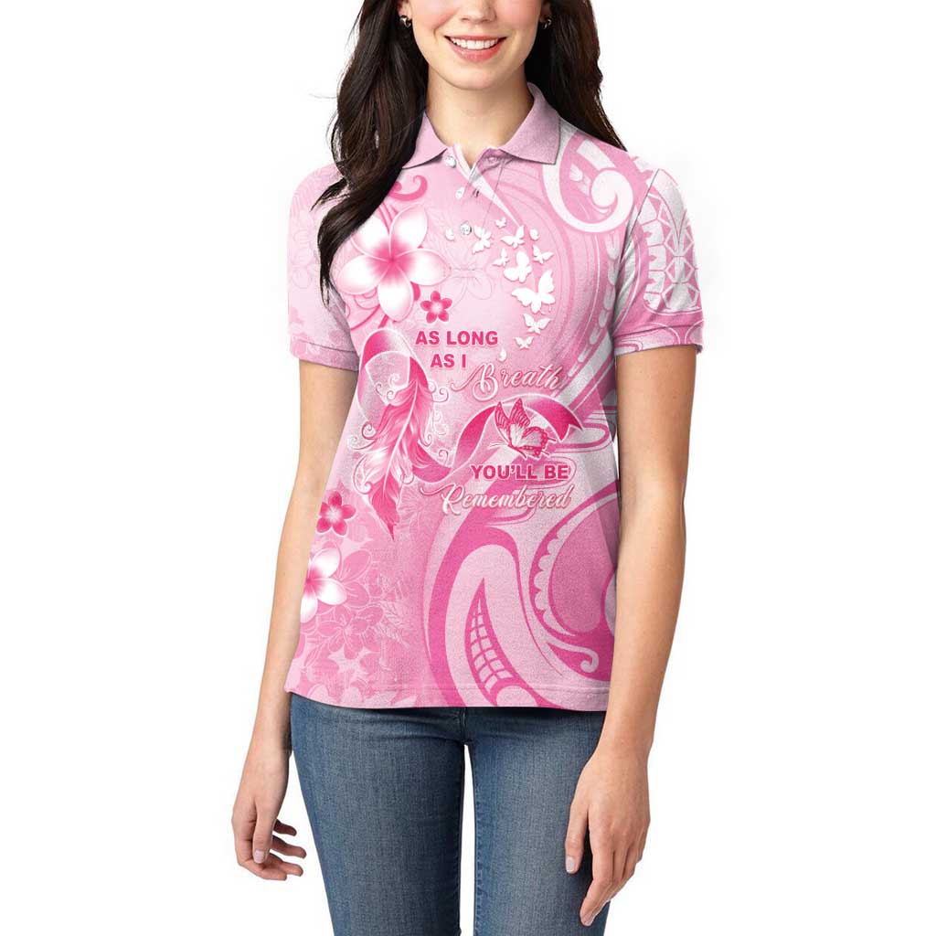Personalised Memorial Pink Breast Cancer Awareness Women Polo Shirt Plumeria Floral Tribal Pattern - Polynesian Pride