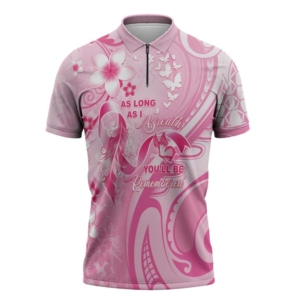 Personalised Memorial Pink Breast Cancer Awareness Zipper Polo Shirt Plumeria Floral Tribal Pattern - Polynesian Pride