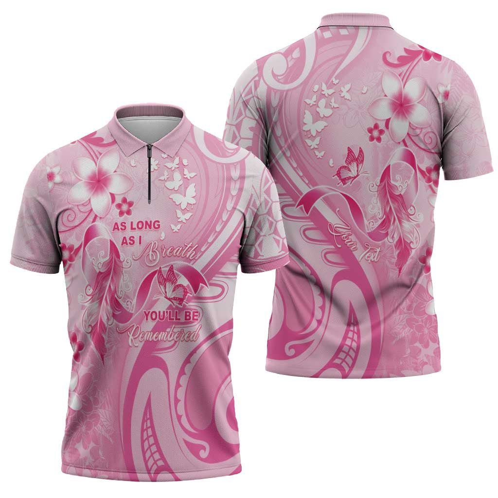 Personalised Memorial Pink Breast Cancer Awareness Zipper Polo Shirt Plumeria Floral Tribal Pattern - Polynesian Pride