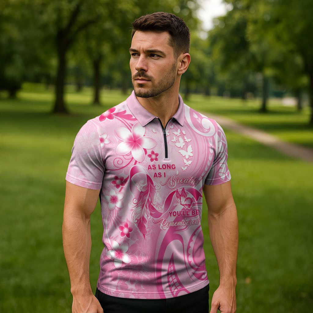 Personalised Memorial Pink Breast Cancer Awareness Zipper Polo Shirt Plumeria Floral Tribal Pattern - Polynesian Pride