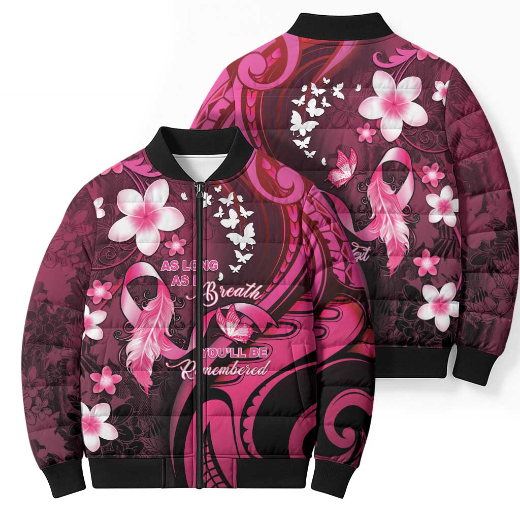 Personalised Memorial Breast Cancer Awareness Bomber Puffer Jacket Plumeria Floral Tribal Pattern - Polynesian Pride
