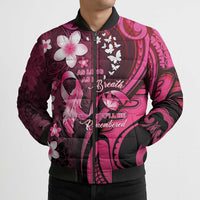 Personalised Memorial Breast Cancer Awareness Bomber Puffer Jacket Plumeria Floral Tribal Pattern - Polynesian Pride