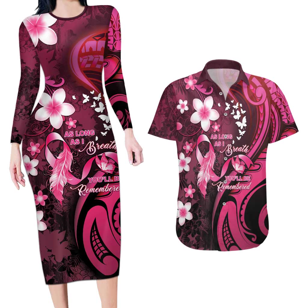Personalised Memorial Breast Cancer Awareness Couples Matching Long Sleeve Bodycon Dress and Hawaiian Shirt Plumeria Floral Tribal Pattern - Polynesian Pride
