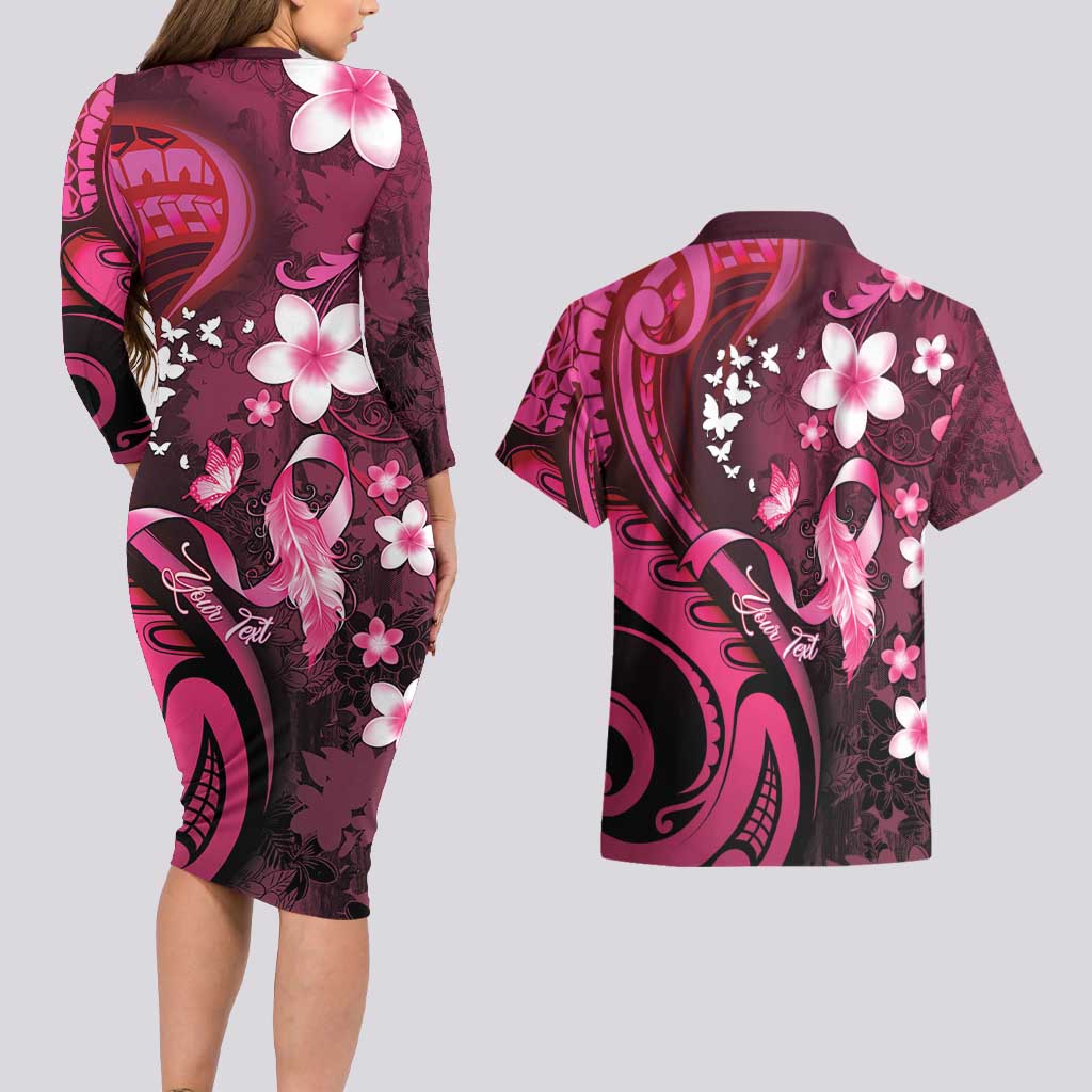 Personalised Memorial Breast Cancer Awareness Couples Matching Long Sleeve Bodycon Dress and Hawaiian Shirt Plumeria Floral Tribal Pattern - Polynesian Pride