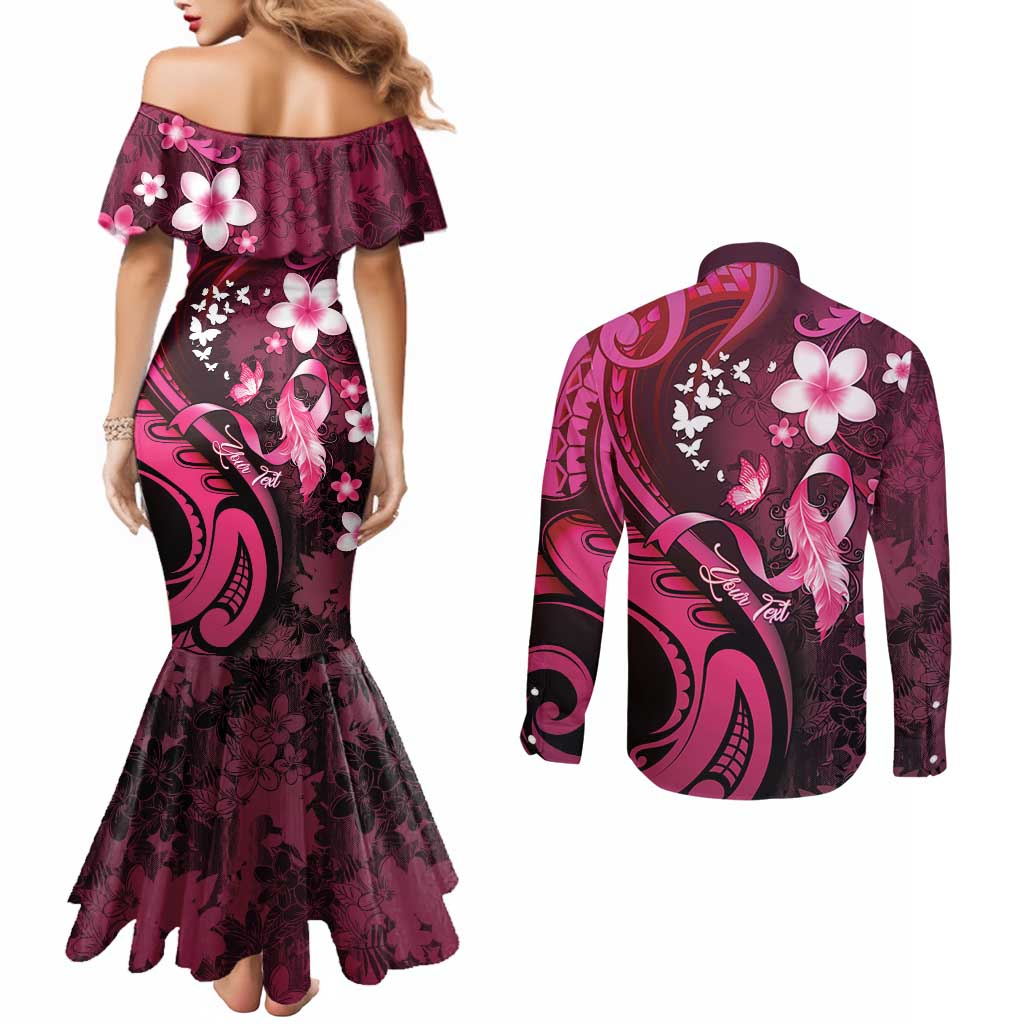 Personalised Memorial Breast Cancer Awareness Couples Matching Mermaid Dress and Long Sleeve Button Shirt Plumeria Floral Tribal Pattern - Polynesian Pride
