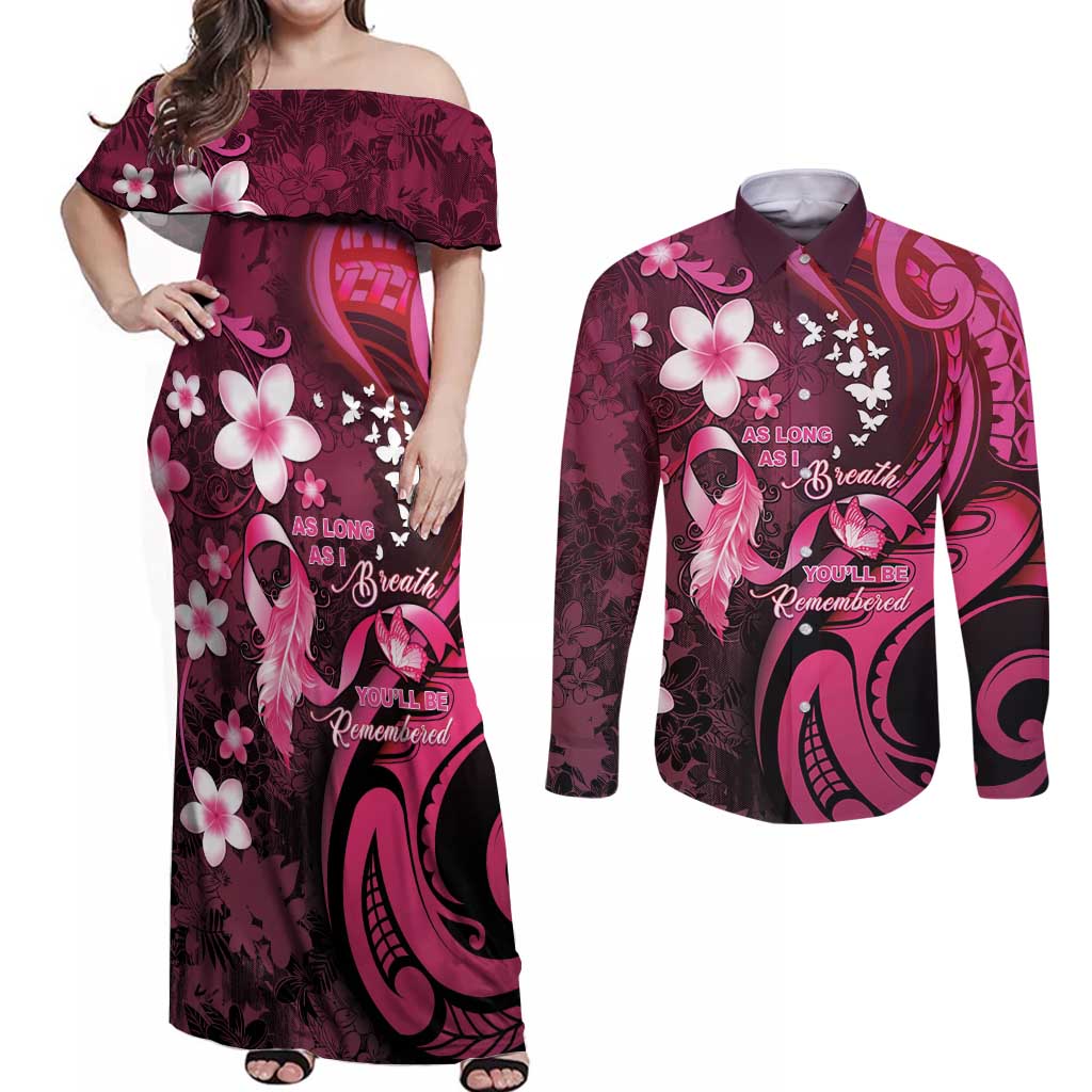 Personalised Memorial Breast Cancer Awareness Couples Matching Off Shoulder Maxi Dress and Long Sleeve Button Shirt Plumeria Floral Tribal Pattern - Polynesian Pride
