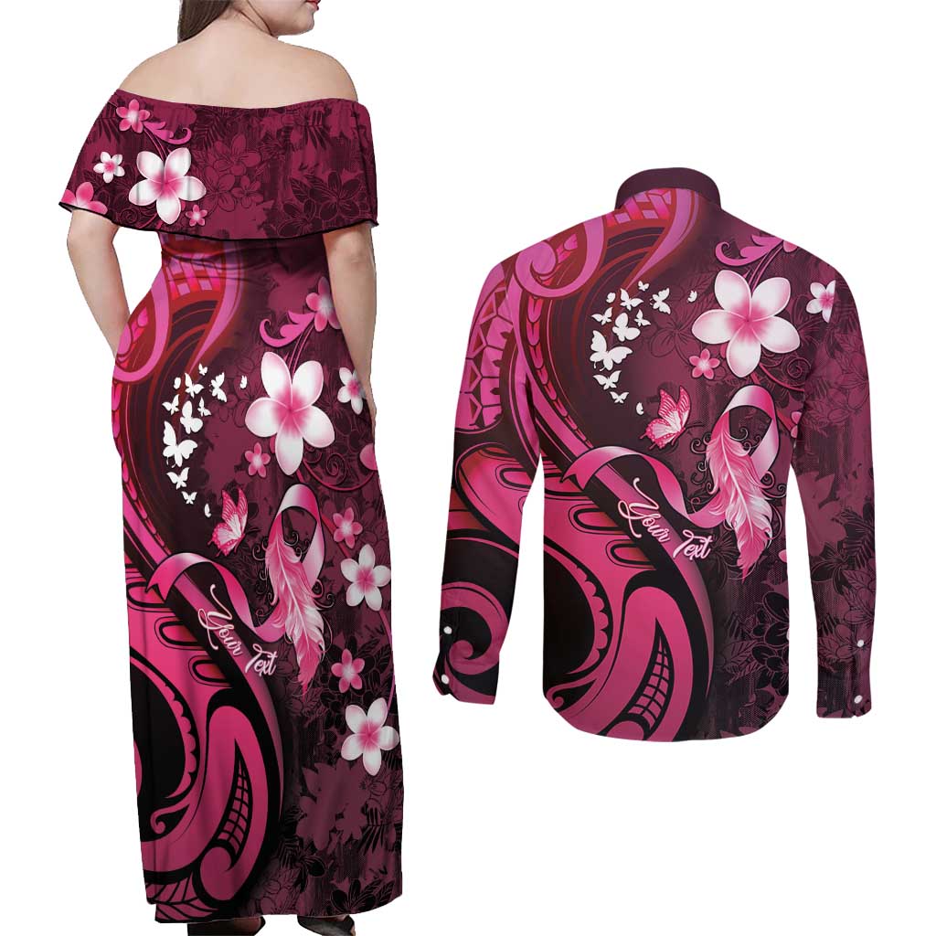 Personalised Memorial Breast Cancer Awareness Couples Matching Off Shoulder Maxi Dress and Long Sleeve Button Shirt Plumeria Floral Tribal Pattern - Polynesian Pride