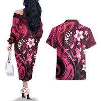 Personalised Memorial Breast Cancer Awareness Couples Matching Off The Shoulder Long Sleeve Dress and Hawaiian Shirt Plumeria Floral Tribal Pattern - Polynesian Pride