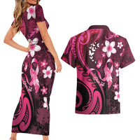 Personalised Memorial Breast Cancer Awareness Couples Matching Short Sleeve Bodycon Dress and Hawaiian Shirt Plumeria Floral Tribal Pattern - Polynesian Pride