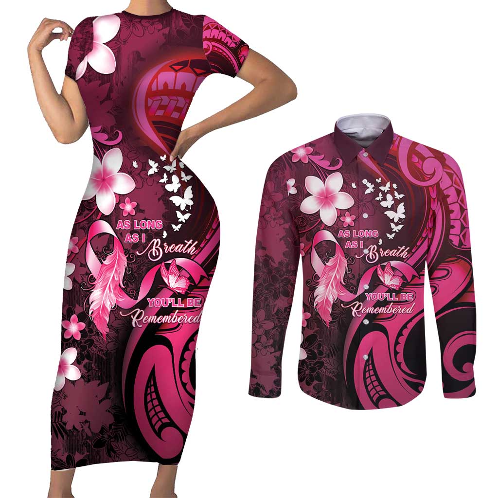 Personalised Memorial Breast Cancer Awareness Couples Matching Short Sleeve Bodycon Dress and Long Sleeve Button Shirt Plumeria Floral Tribal Pattern - Polynesian Pride
