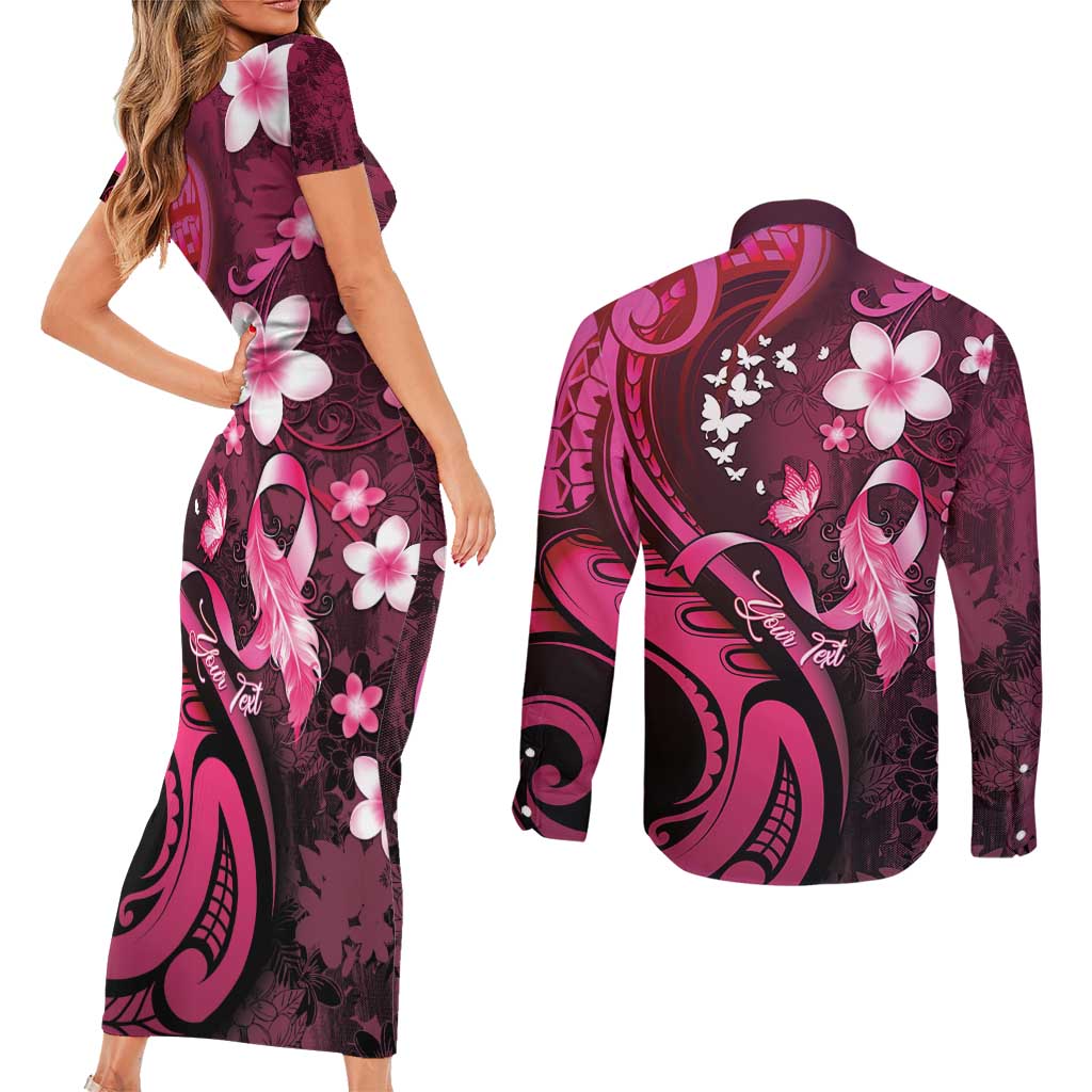 Personalised Memorial Breast Cancer Awareness Couples Matching Short Sleeve Bodycon Dress and Long Sleeve Button Shirt Plumeria Floral Tribal Pattern - Polynesian Pride