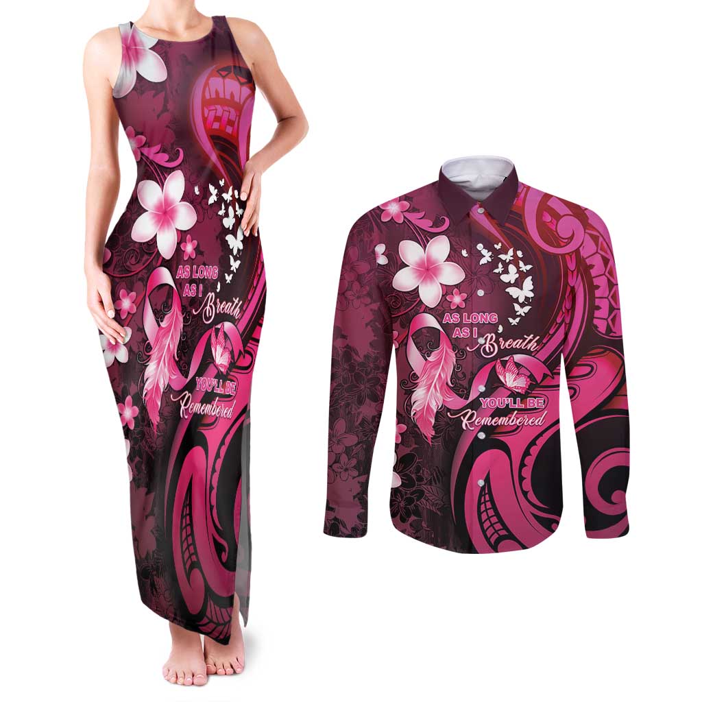 Personalised Memorial Breast Cancer Awareness Couples Matching Tank Maxi Dress and Long Sleeve Button Shirt Plumeria Floral Tribal Pattern - Polynesian Pride