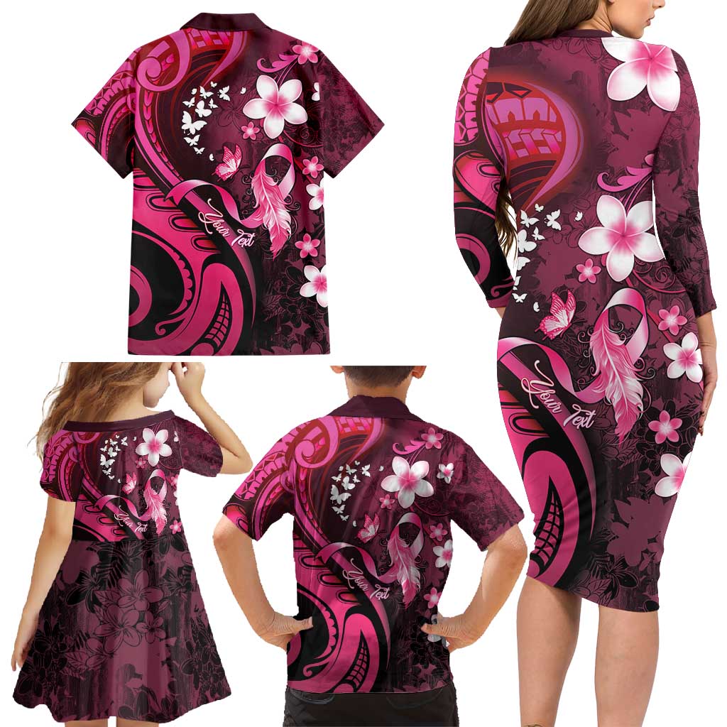 Personalised Memorial Breast Cancer Awareness Family Matching Long Sleeve Bodycon Dress and Hawaiian Shirt Plumeria Floral Tribal Pattern - Polynesian Pride