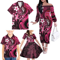 Personalised Memorial Breast Cancer Awareness Family Matching Off The Shoulder Long Sleeve Dress and Hawaiian Shirt Plumeria Floral Tribal Pattern - Polynesian Pride