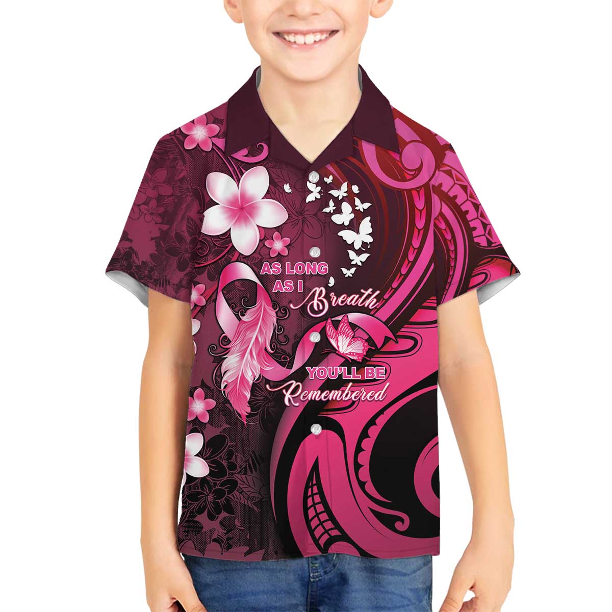 Personalised Memorial Breast Cancer Awareness Family Matching Off The Shoulder Long Sleeve Dress and Hawaiian Shirt Plumeria Floral Tribal Pattern - Polynesian Pride