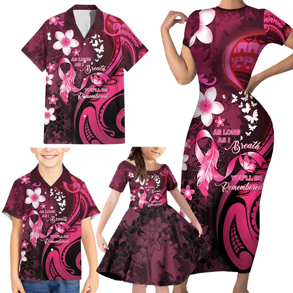 Personalised Memorial Breast Cancer Awareness Family Matching Short Sleeve Bodycon Dress and Hawaiian Shirt Plumeria Floral Tribal Pattern - Polynesian Pride
