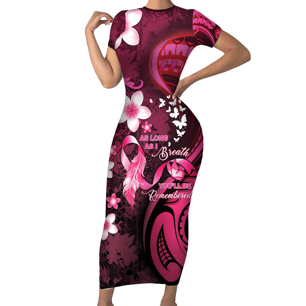 Personalised Memorial Breast Cancer Awareness Family Matching Short Sleeve Bodycon Dress and Hawaiian Shirt Plumeria Floral Tribal Pattern - Polynesian Pride