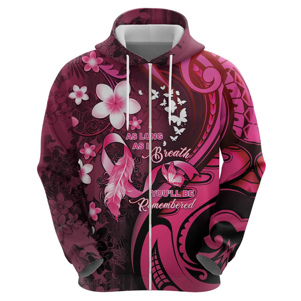 Personalised Memorial Breast Cancer Awareness Hoodie Plumeria Floral Tribal Pattern - Polynesian Pride
