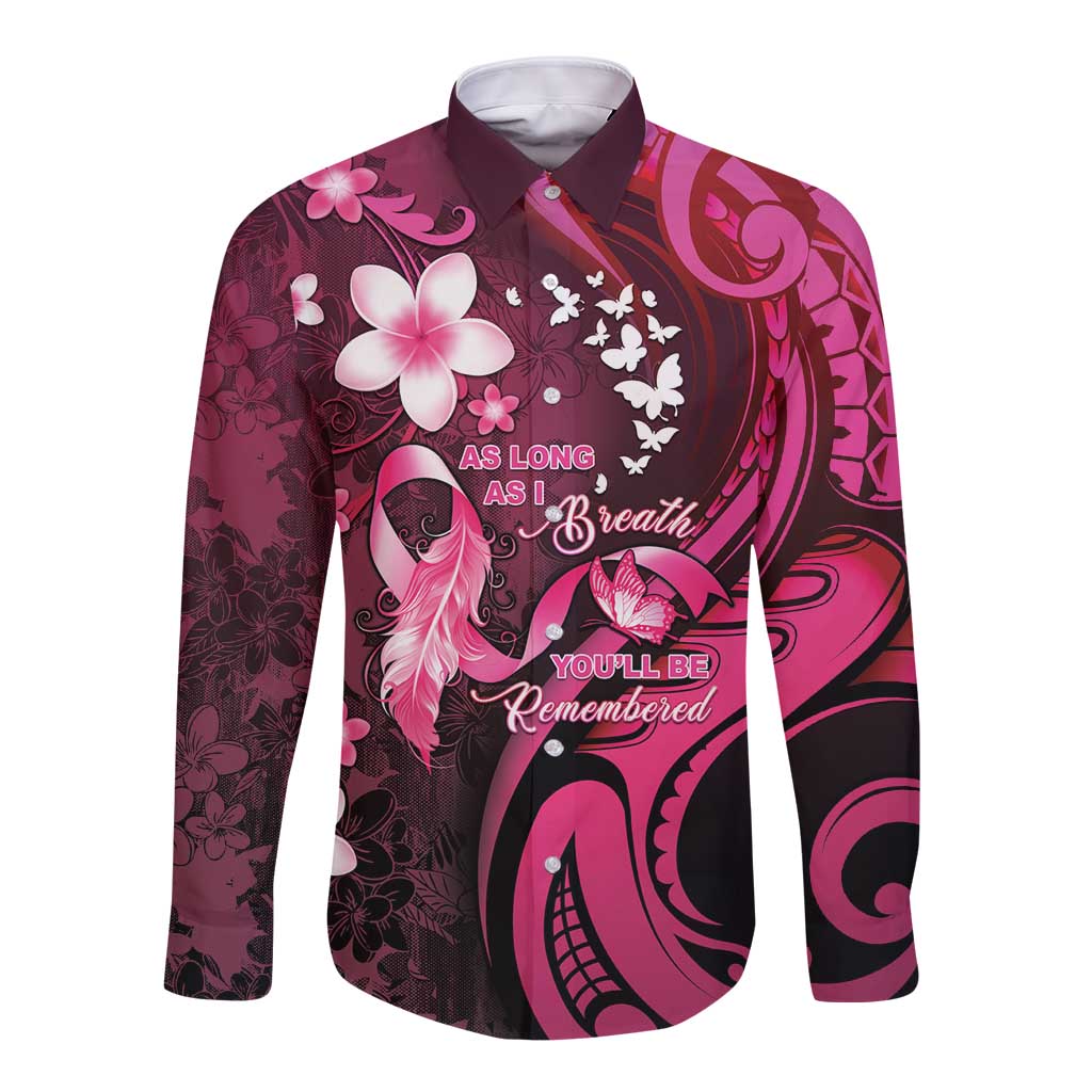 Personalised Memorial Breast Cancer Awareness Long Sleeve Button Shirt Plumeria Floral Tribal Pattern - Polynesian Pride