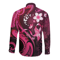 Personalised Memorial Breast Cancer Awareness Long Sleeve Button Shirt Plumeria Floral Tribal Pattern - Polynesian Pride