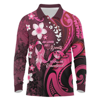 Personalised Memorial Breast Cancer Awareness Long Sleeve Polo Shirt Plumeria Floral Tribal Pattern - Polynesian Pride
