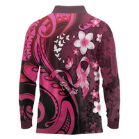 Personalised Memorial Breast Cancer Awareness Long Sleeve Polo Shirt Plumeria Floral Tribal Pattern - Polynesian Pride