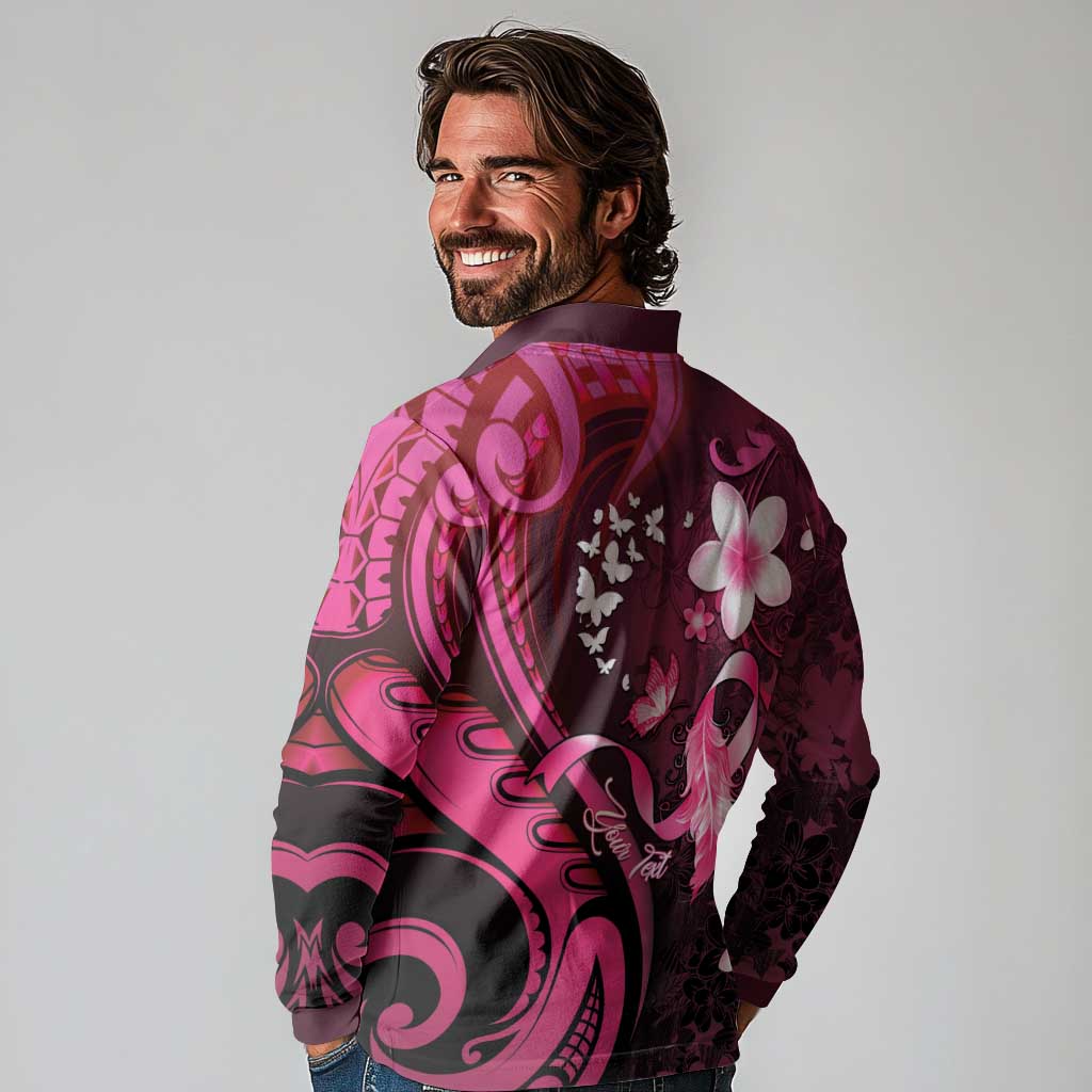 Personalised Memorial Breast Cancer Awareness Long Sleeve Polo Shirt Plumeria Floral Tribal Pattern - Polynesian Pride