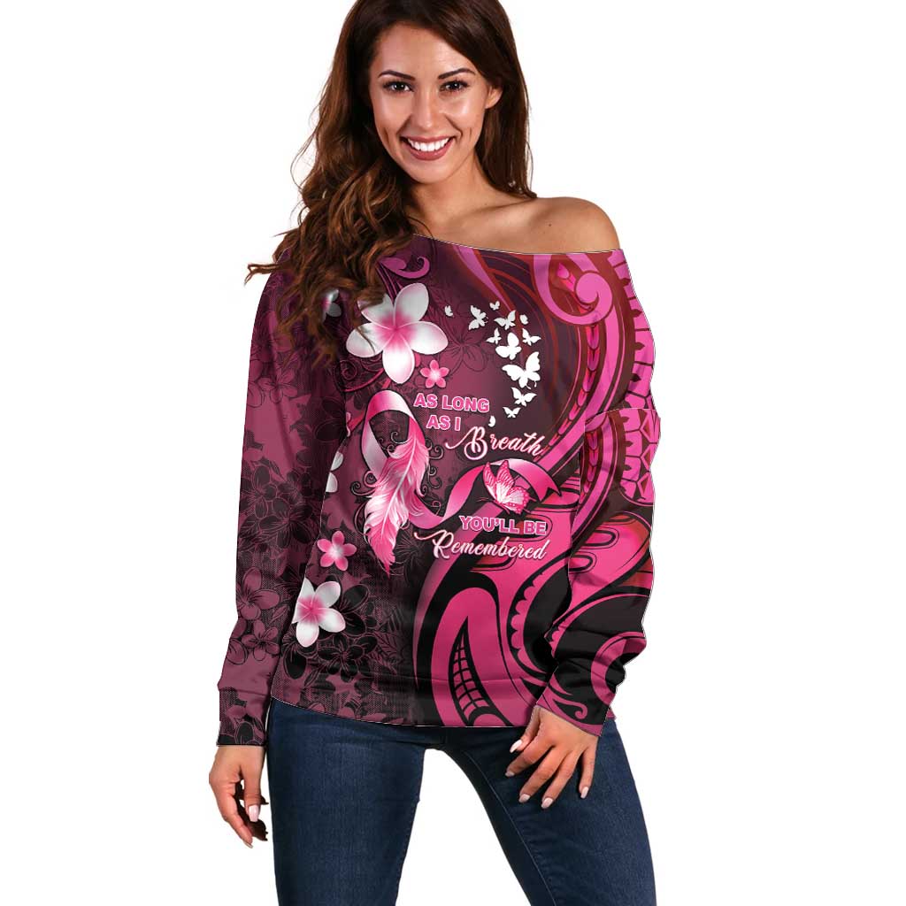 Personalised Memorial Breast Cancer Awareness Off Shoulder Sweater Plumeria Floral Tribal Pattern - Polynesian Pride