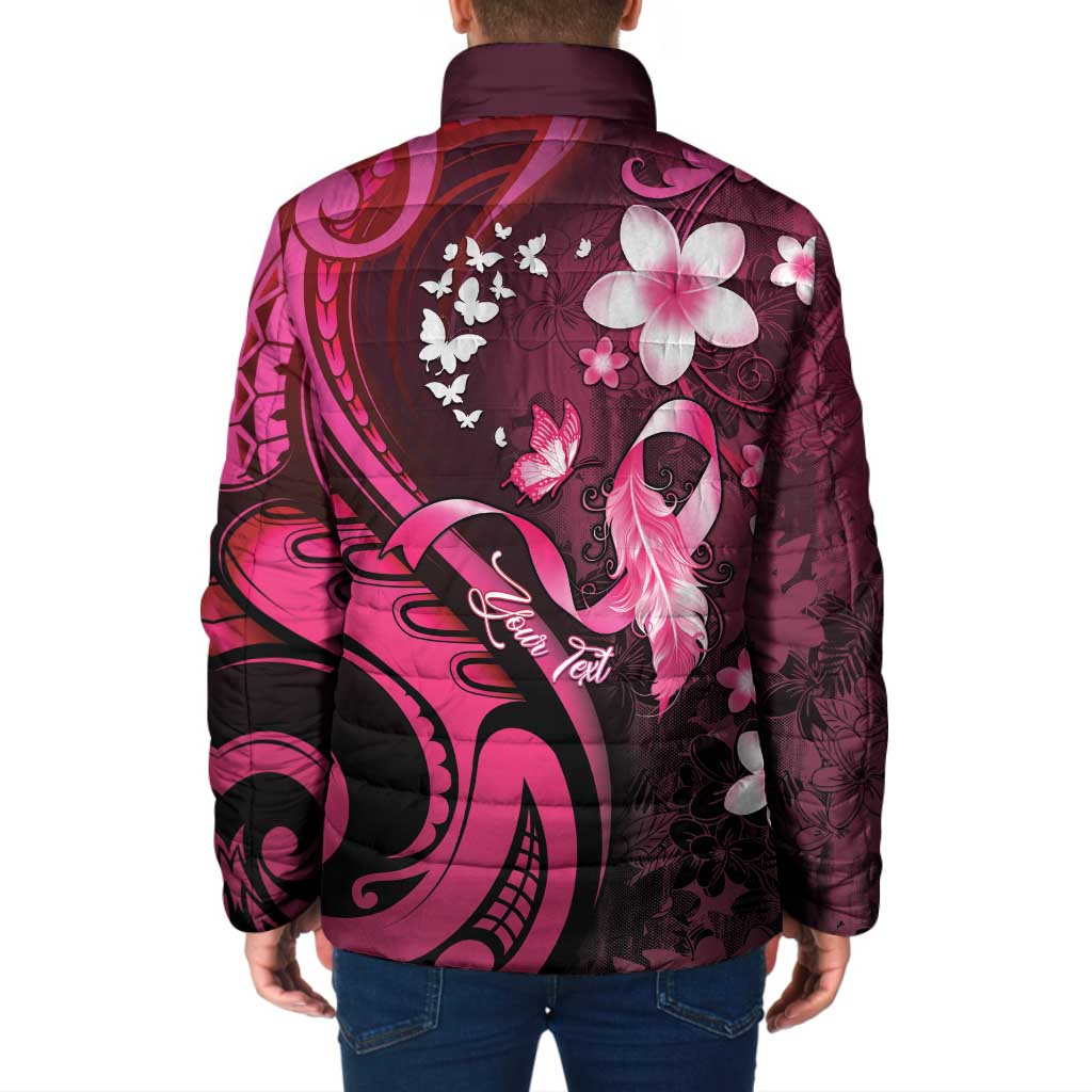 Personalised Memorial Breast Cancer Awareness Padded Jacket Plumeria Floral Tribal Pattern - Polynesian Pride