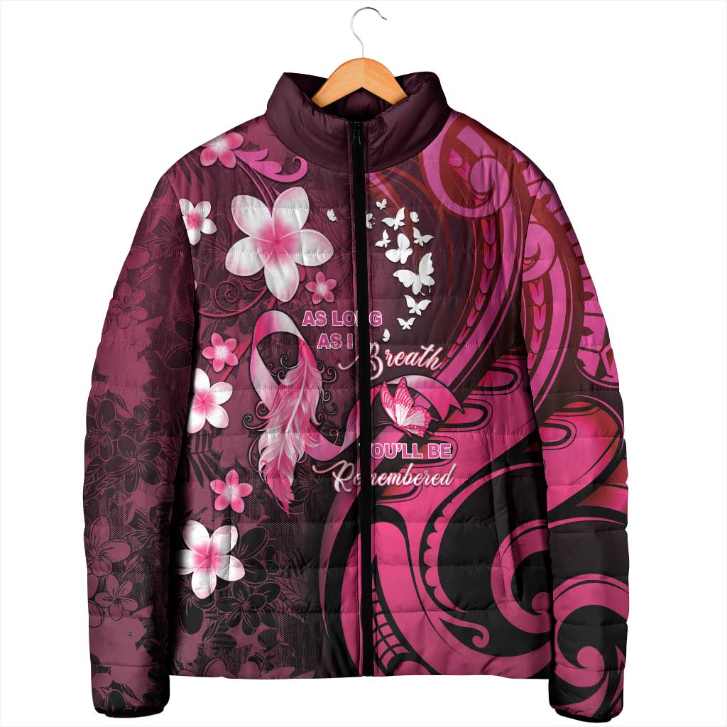 Personalised Memorial Breast Cancer Awareness Padded Jacket Plumeria Floral Tribal Pattern - Polynesian Pride